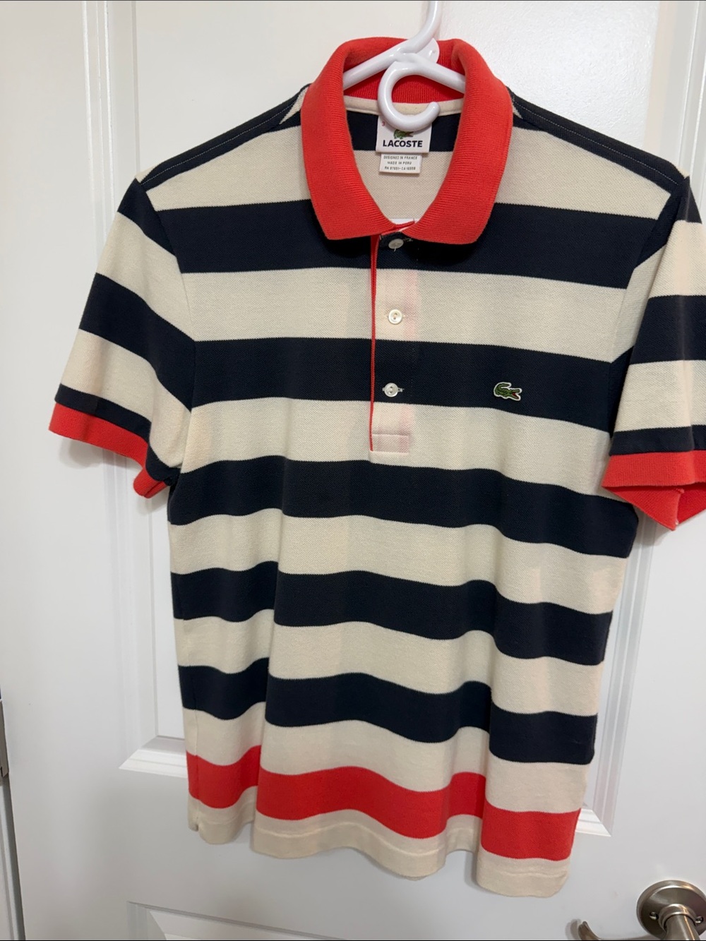 Lacoste Striped Polo in Navy, Cream & Red